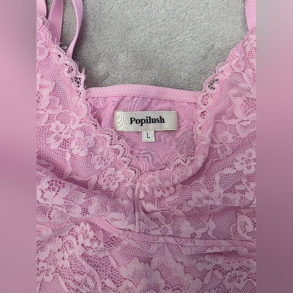 Lace V-Neck Bodysuit Tank Top - Pink - Picture 6 of 7